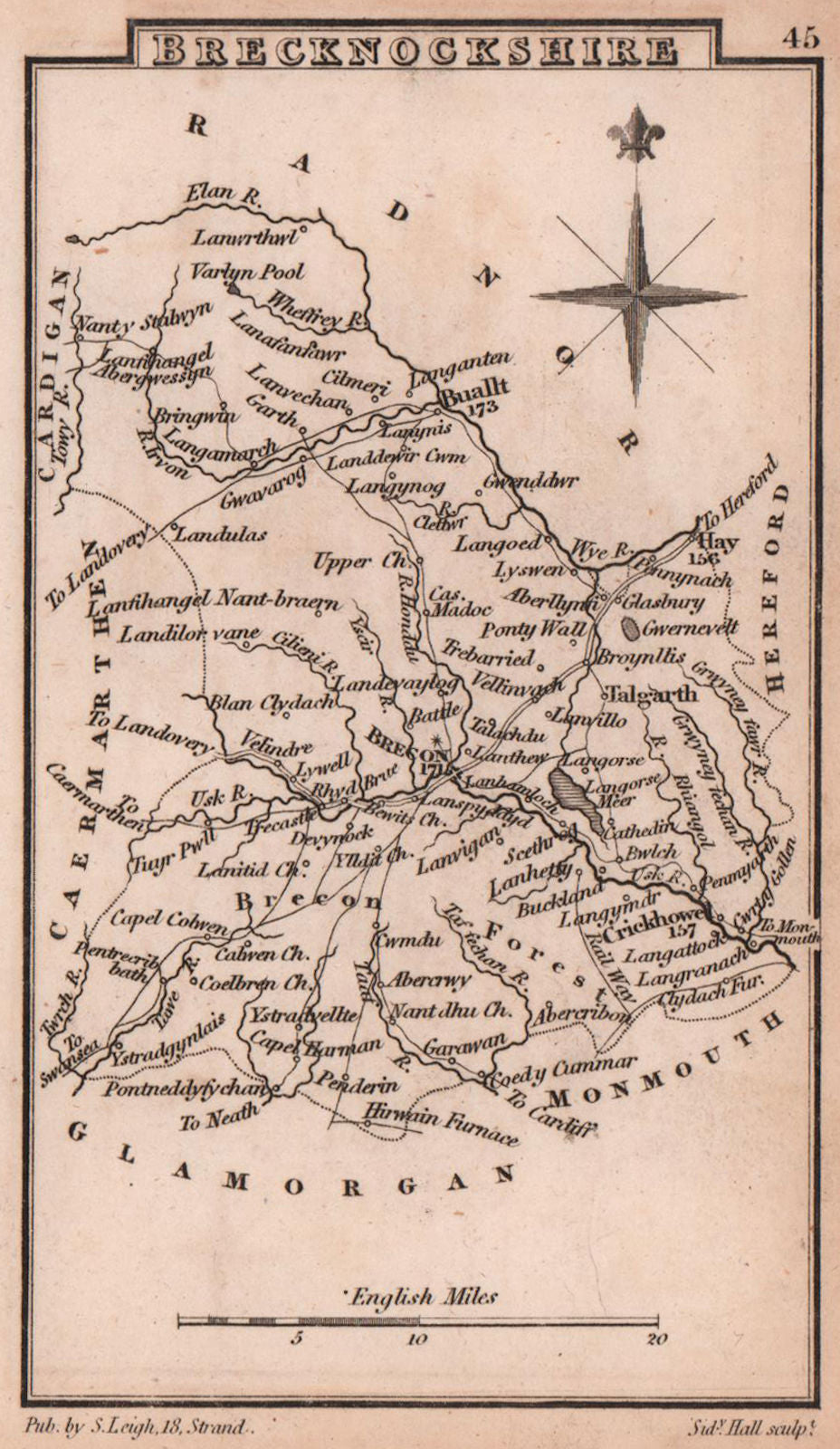 Brecknockshire Breconshire county map by Samuel Leigh / Sidney Hall c1820
